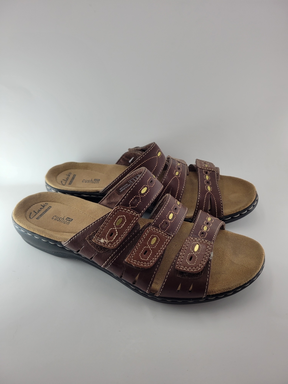 Clarks Women's Brown Leather Three-Strap Slide Sandals - Picture 6 of 8